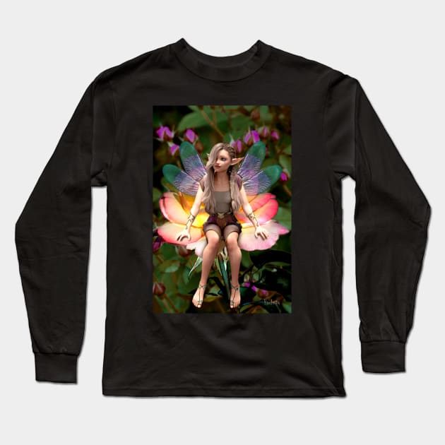 Fairy sitting on white and red rose Long Sleeve T-Shirt by Fantasyart123